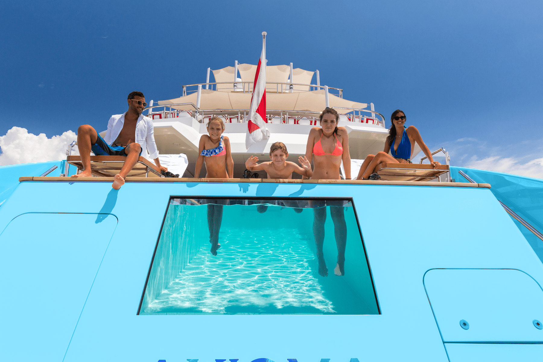 72m charter yacht AXIOMA - family enjoys the swimming pool
